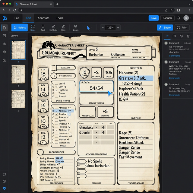 D&D character sheet being filled using Tavernus PDF Form Filler tool with stat fields and inventory sections